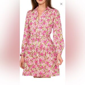 CeCe Pink Floral Midi Dress belted waist vivid colors NWOT